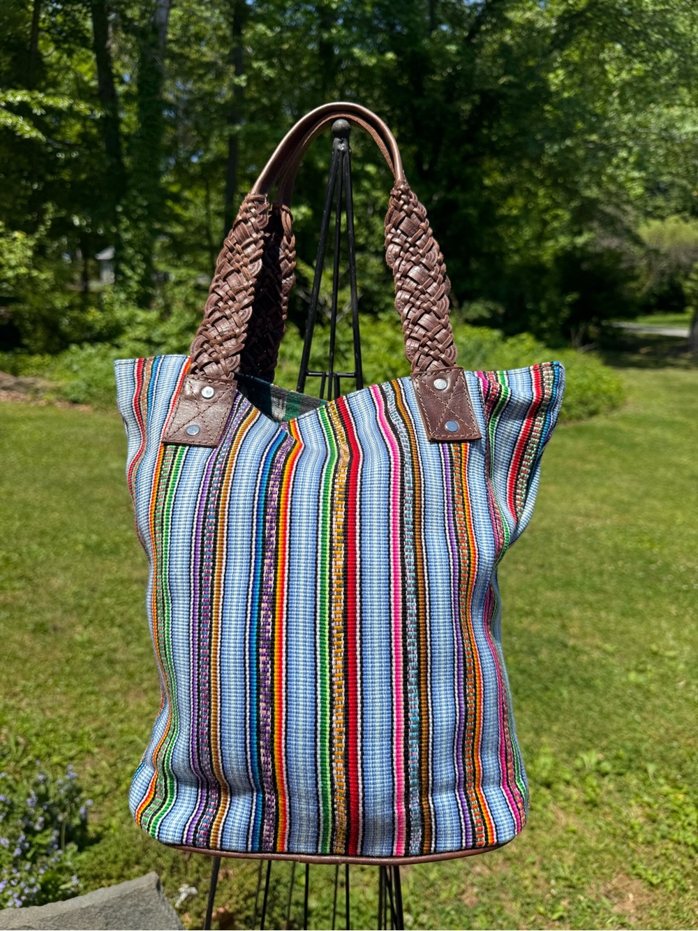 Multicolor Striped Tote with Braided Brown Handles - Picture 2 of 3
